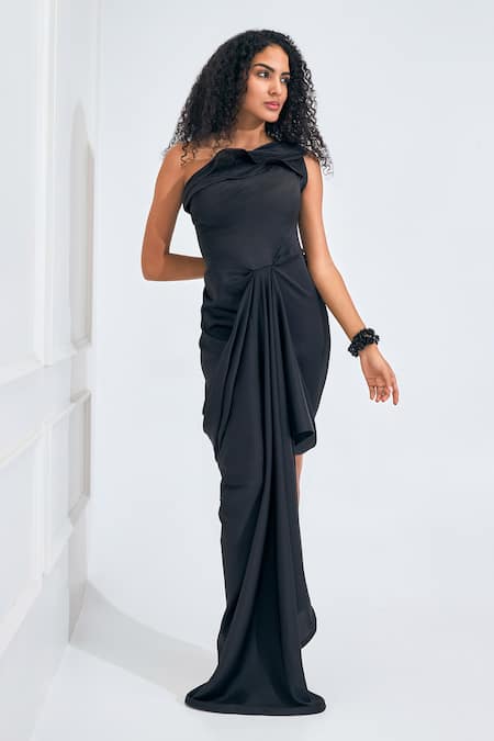 Shop NA-KA Black Satin Asymmetric One Shoulder Solid Gown Online at Aza Fashions Shop_NA-KA_Black Satin Asymmetric One Shoulder Solid Gown _Online_at_Aza_Fashions