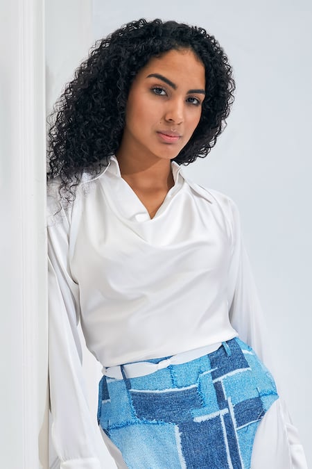 Buy_NA-KA_White Satin Cowl Neck Shirt Skort Set _Online_at_Aza_Fashions