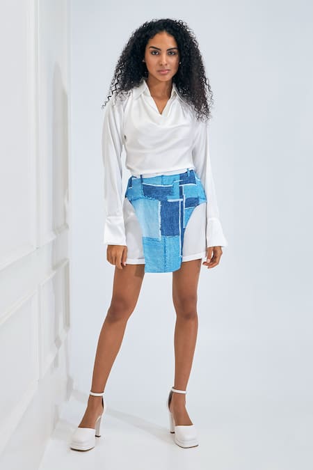 Shop_NA-KA_White Satin Cowl Neck Shirt Skort Set _Online_at_Aza_Fashions