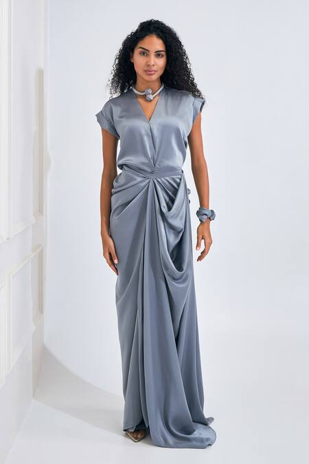 NA-KA_Grey Satin V-neck Short Sleeve Draped Gown _Online_at_Aza_Fashions