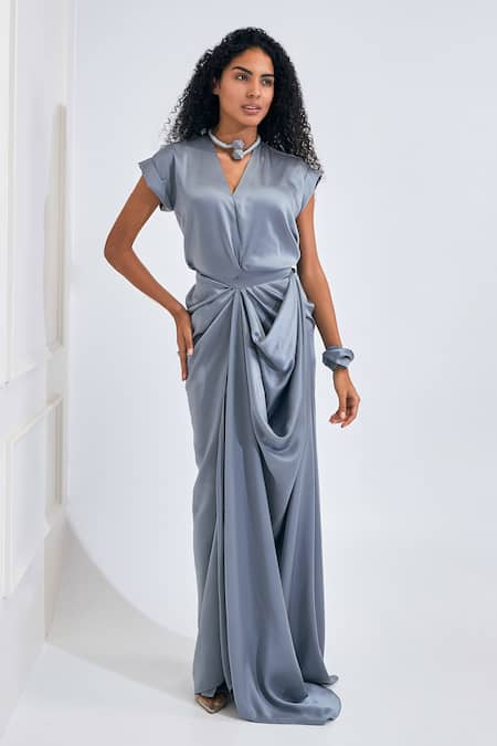 NA-KA_Grey Satin V-neck Short Sleeve Draped Gown _at_Aza_Fashions