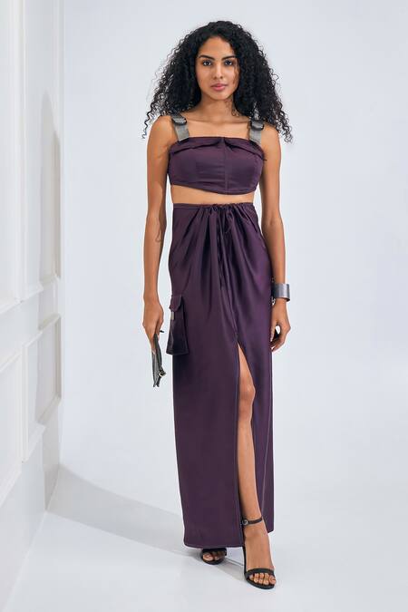 NA-KA_Purple Modal, Satin Square Neck Adjustable Shoulder Crop Top With Skirt _Online_at_Aza_Fashions