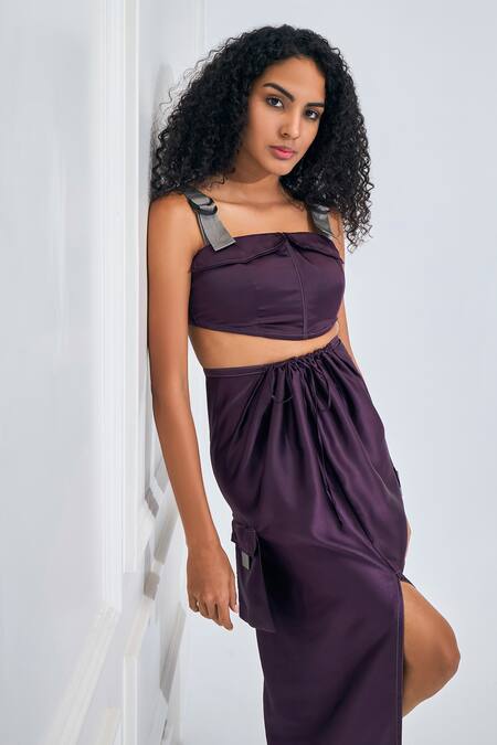 Buy_NA-KA_Purple Modal, Satin Square Neck Adjustable Shoulder Crop Top With Skirt _Online_at_Aza_Fashions