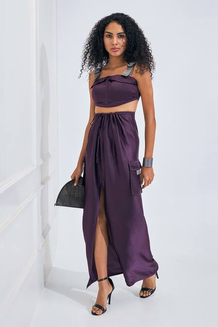 Shop_NA-KA_Purple Modal, Satin Square Neck Adjustable Shoulder Crop Top With Skirt _Online_at_Aza_Fashions