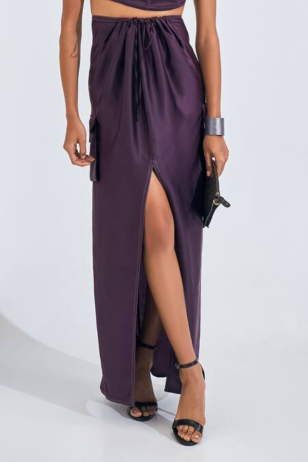 NA-KA Purple Modal, Satin Square Neck Adjustable Shoulder Crop Top With Skirt at Aza Fashions NA-KA_Purple Modal, Satin Square Neck Adjustable Shoulder Crop Top With Skirt _at_Aza_Fashions