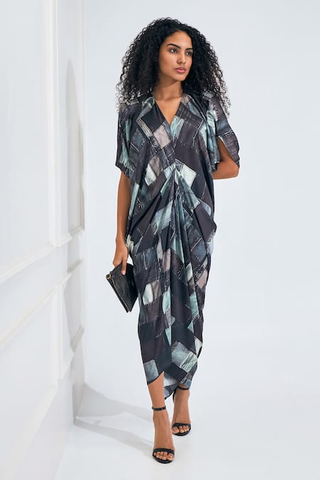 NA-KA_Black Satin Buckles V-neck Patchwork Print Drape Dress _Online_at_Aza_Fashions