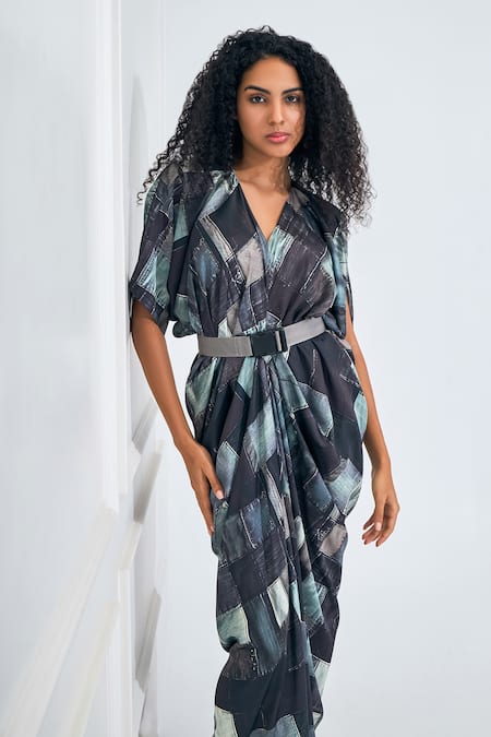Buy_NA-KA_Black Satin Buckles V-neck Patchwork Print Drape Dress _Online_at_Aza_Fashions