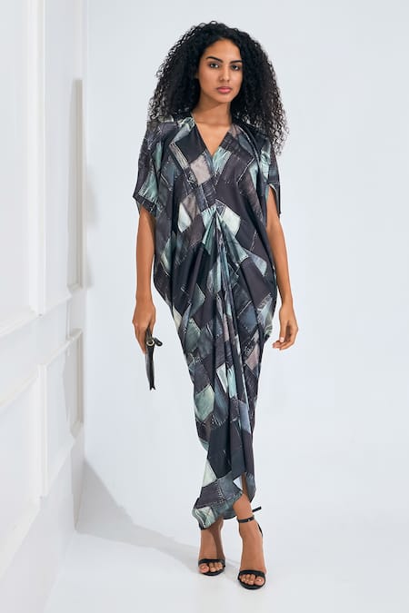 Shop_NA-KA_Black Satin Buckles V-neck Patchwork Print Drape Dress _Online_at_Aza_Fashions