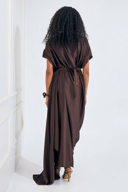 Shop_NA-KA_Brown Satin Boat Neck Drape Gown _at_Aza_Fashions