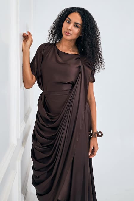 NA-KA_Brown Satin Boat Neck Drape Gown _Online_at_Aza_Fashions