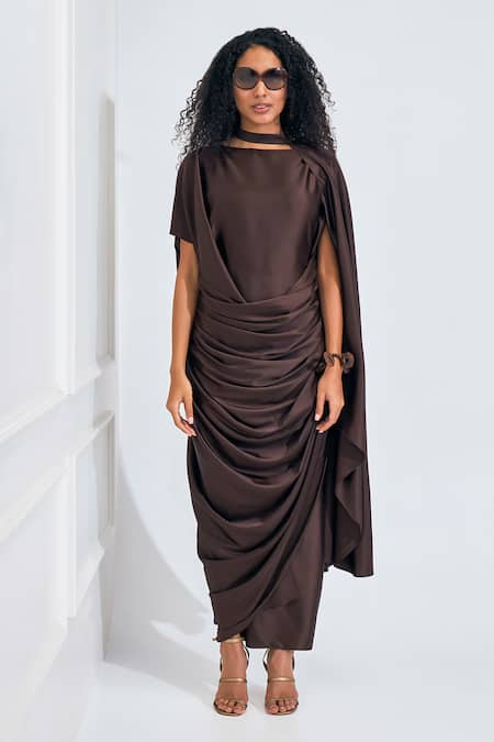 Buy_NA-KA_Brown Satin Boat Neck Drape Gown _Online_at_Aza_Fashions