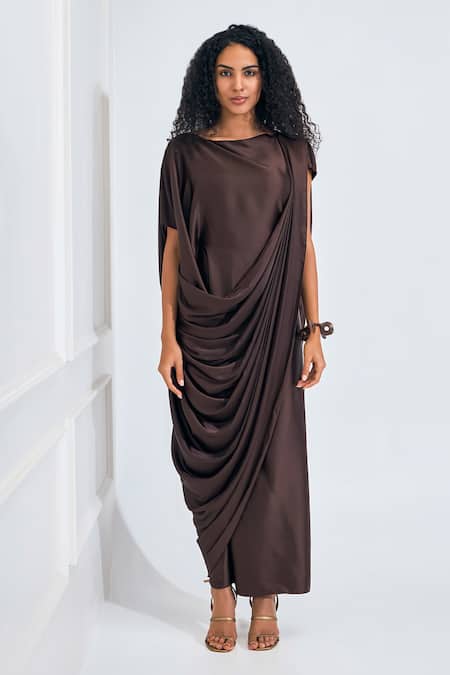 Shop_NA-KA_Brown Satin Boat Neck Drape Gown _Online_at_Aza_Fashions