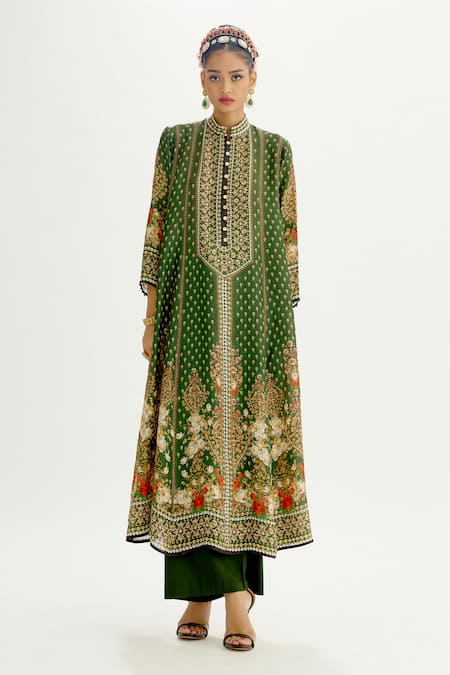 Buy_Rajdeep Ranawat_Green Silk, Modal, Satin Ada Paloma Floral Butti Print Anarkali Palazzo Set _Online_at_Aza_Fashions