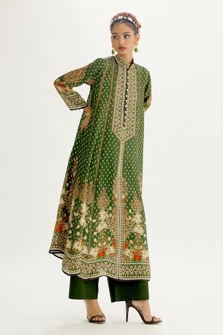 Shop_Rajdeep Ranawat_Green Silk, Modal, Satin Ada Paloma Floral Butti Print Anarkali Palazzo Set _Online_at_Aza_Fashions