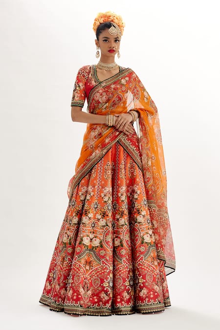 Rajdeep Ranawat Orange Scooba Print Mughal Paan Neck Leela Rose Bloom Lehenga Set 