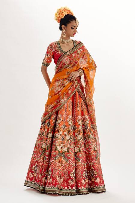 Rajdeep Ranawat_Orange Denim, Kota Doria, Silk Embroidery, Leela Rose Bloom Print Lehenga Set _Online_at_Aza_Fashions