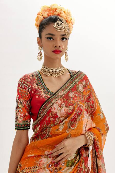 Buy_Rajdeep Ranawat_Orange Denim, Kota Doria, Silk Embroidery, Leela Rose Bloom Print Lehenga Set _Online_at_Aza_Fashions