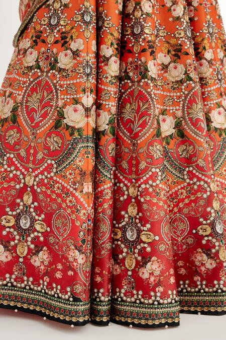 Shop_Rajdeep Ranawat_Orange Denim, Kota Doria, Silk Embroidery, Leela Rose Bloom Print Lehenga Set _Online_at_Aza_Fashions