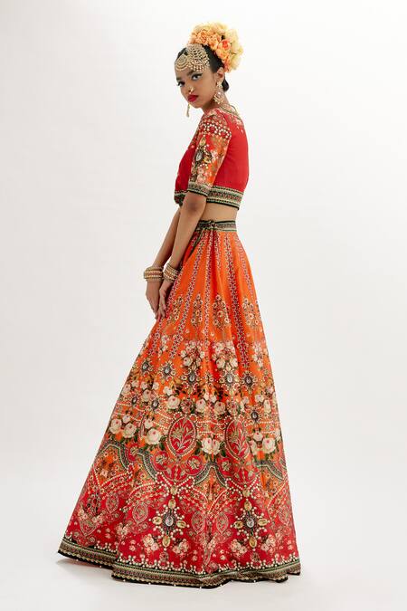 Rajdeep Ranawat_Orange Denim, Kota Doria, Silk Embroidery, Leela Rose Bloom Print Lehenga Set _at_Aza_Fashions