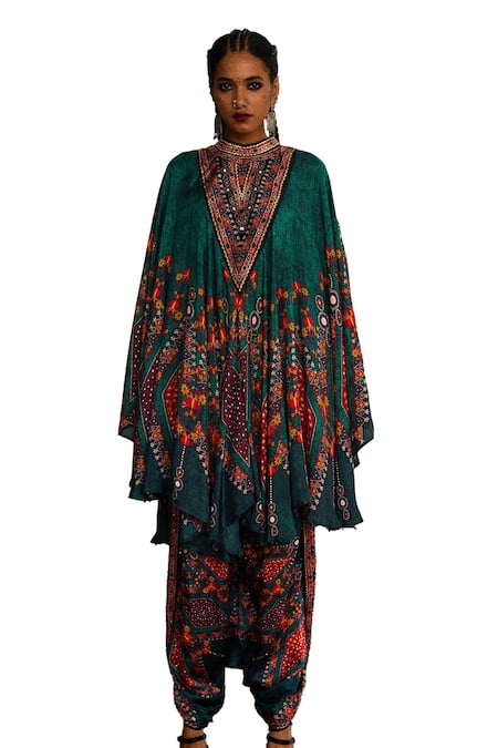 Rajdeep Ranawat_Green Silk Embroidery Bandeau Farah Boho Floral Print Kaftan With Dhoti Pant _Online_at_Aza_Fashions