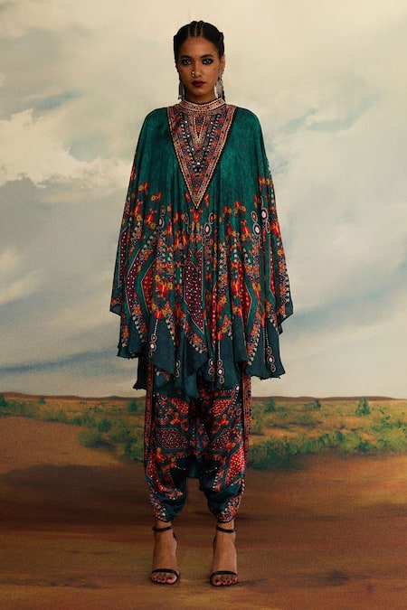 Buy_Rajdeep Ranawat_Green Silk Embroidery Bandeau Farah Boho Floral Print Kaftan With Dhoti Pant _Online_at_Aza_Fashions