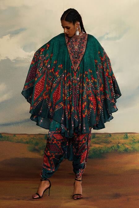 Shop_Rajdeep Ranawat_Green Silk Embroidery Bandeau Farah Boho Floral Print Kaftan With Dhoti Pant _Online_at_Aza_Fashions