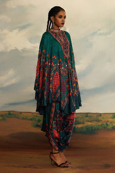 Rajdeep Ranawat_Green Silk Embroidery Bandeau Farah Boho Floral Print Kaftan With Dhoti Pant _at_Aza_Fashions
