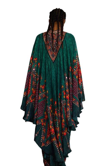 Buy_Rajdeep Ranawat_Green Silk Embroidery Bandeau Farah Boho Floral Print Kaftan With Dhoti Pant 