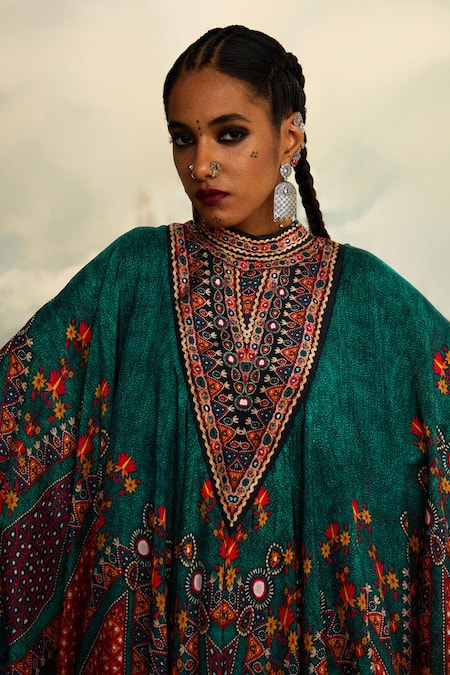 Shop_Rajdeep Ranawat_Green Silk Embroidery Bandeau Farah Boho Floral Print Kaftan With Dhoti Pant 