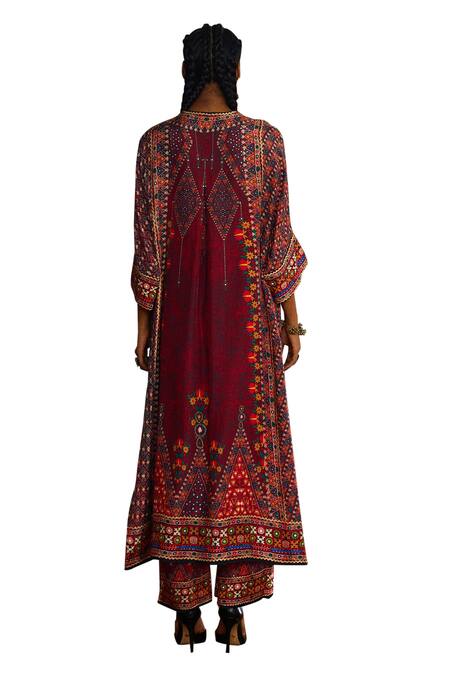 Rajdeep Ranawat_Red Silk, Modal Embroidery V-neck Banera Permaz Print Kimono Tunic With Palazzo _Online_at_Aza_Fashions