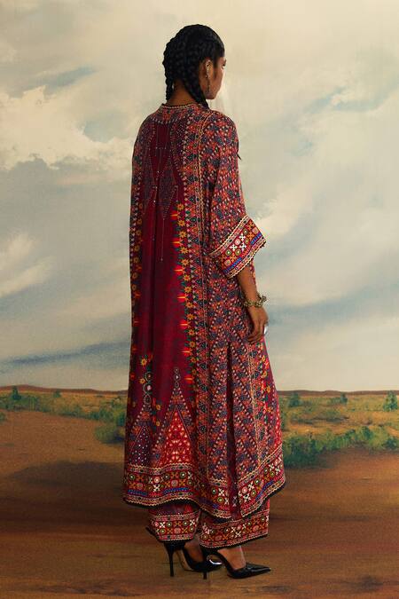 Buy_Rajdeep Ranawat_Red Silk, Modal Embroidery V-neck Banera Permaz Print Kimono Tunic With Palazzo _Online_at_Aza_Fashions