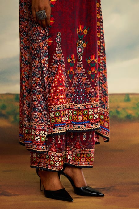 Shop_Rajdeep Ranawat_Red Silk, Modal Embroidery V-neck Banera Permaz Print Kimono Tunic With Palazzo 