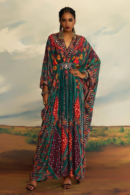 Rajdeep Ranawat Green Silk Print Boho V Neck Imama Floral Kaftan 