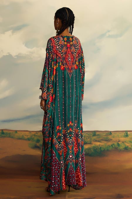 Shop Rajdeep Ranawat Green Silk Beads V-neck Imama Boho Floral Print Kaftan at Aza Fashions Shop_Rajdeep Ranawat_Green Silk Beads V-neck Imama Boho Floral Print Kaftan _at_Aza_Fashions