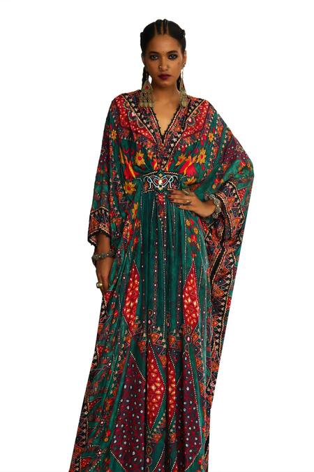 Rajdeep Ranawat Green Silk Beads V-neck Imama Boho Floral Print Kaftan Online at Aza Fashions Rajdeep Ranawat_Green Silk Beads V-neck Imama Boho Floral Print Kaftan _Online_at_Aza_Fashions