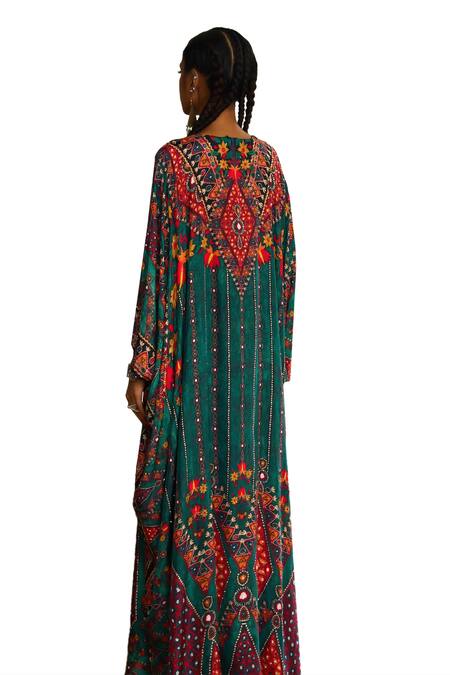 Buy Rajdeep Ranawat Green Silk Beads V-neck Imama Boho Floral Print Kaftan Online at Aza Fashions Buy_Rajdeep Ranawat_Green Silk Beads V-neck Imama Boho Floral Print Kaftan _Online_at_Aza_Fashions