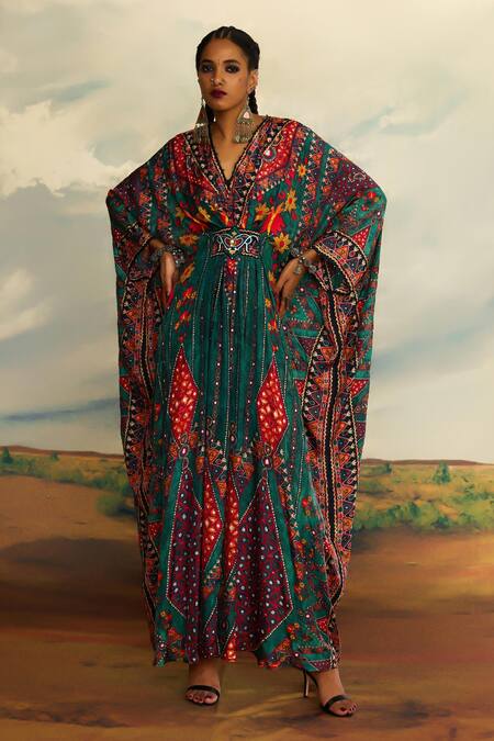 Shop Rajdeep Ranawat Green Silk Beads V-neck Imama Boho Floral Print Kaftan Online at Aza Fashions Shop_Rajdeep Ranawat_Green Silk Beads V-neck Imama Boho Floral Print Kaftan _Online_at_Aza_Fashions