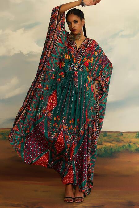 Rajdeep Ranawat Green Silk Beads V-neck Imama Boho Floral Print Kaftan at Aza Fashions Rajdeep Ranawat_Green Silk Beads V-neck Imama Boho Floral Print Kaftan _at_Aza_Fashions