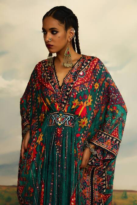 Buy Rajdeep Ranawat Green Silk Beads V-neck Imama Boho Floral Print Kaftan Buy_Rajdeep Ranawat_Green Silk Beads V-neck Imama Boho Floral Print Kaftan