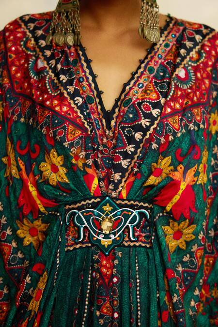 Shop Rajdeep Ranawat Green Silk Beads V-neck Imama Boho Floral Print Kaftan Shop_Rajdeep Ranawat_Green Silk Beads V-neck Imama Boho Floral Print Kaftan