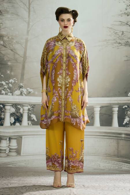 Rajdeep Ranawat_Yellow Silk, Modal, Satin Embroidery Collared Kamara Permaz Tunic With Pant _Online_at_Aza_Fashions
