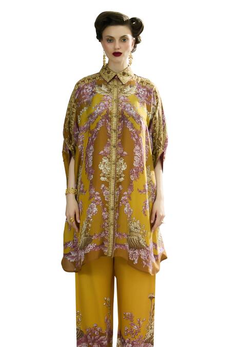 Buy_Rajdeep Ranawat_Yellow Silk, Modal, Satin Embroidery Collared Kamara Permaz Tunic With Pant _Online_at_Aza_Fashions