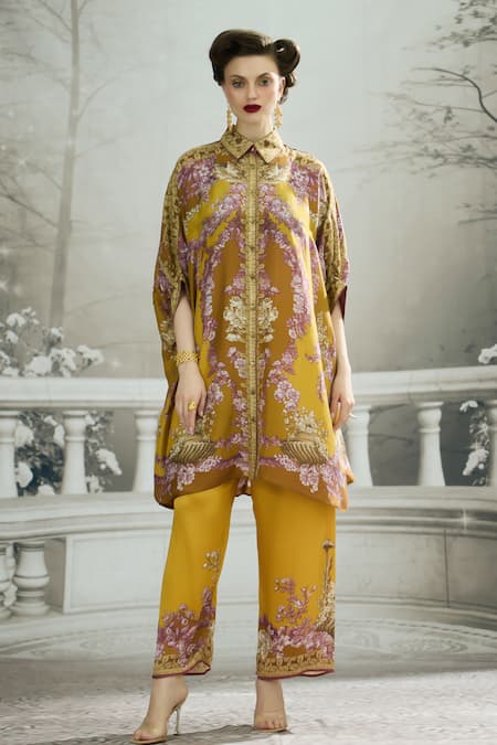 Shop_Rajdeep Ranawat_Yellow Silk, Modal, Satin Embroidery Collared Kamara Permaz Tunic With Pant _Online_at_Aza_Fashions