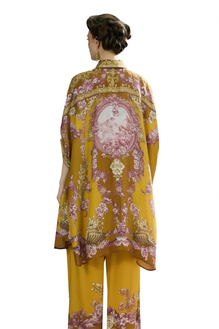 Rajdeep Ranawat_Yellow Silk, Modal, Satin Embroidery Collared Kamara Permaz Tunic With Pant _at_Aza_Fashions