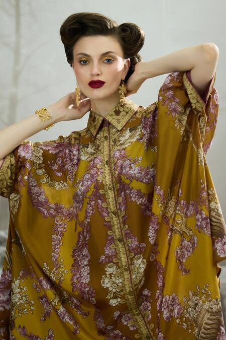Buy_Rajdeep Ranawat_Yellow Silk, Modal, Satin Embroidery Collared Kamara Permaz Tunic With Pant 