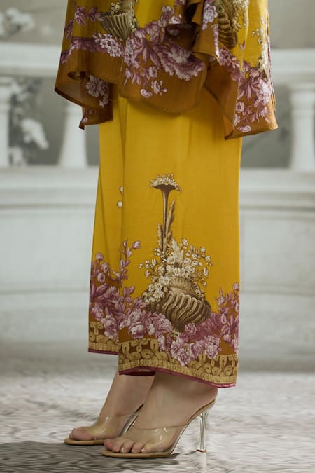 Shop_Rajdeep Ranawat_Yellow Silk, Modal, Satin Embroidery Collared Kamara Permaz Tunic With Pant 