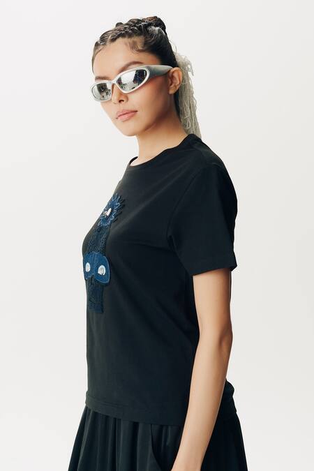 Buy_AK-OK_Black Cotton Abstract Round Neck Patchwork T-shirt _Online_at_Aza_Fashions
