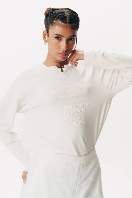 AK-OK_White Cotton Round Neck Calligraphic Embossed T-shirt _Online_at_Aza_Fashions