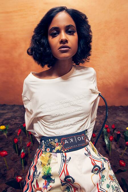 Shop_AK-OK_White Cotton Round Neck Calligraphic Embossed T-shirt _Online_at_Aza_Fashions