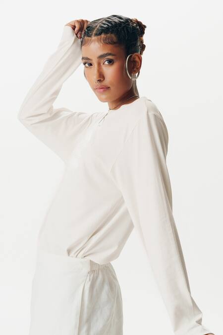 AK-OK_White Cotton Round Neck Calligraphic Embossed T-shirt _at_Aza_Fashions